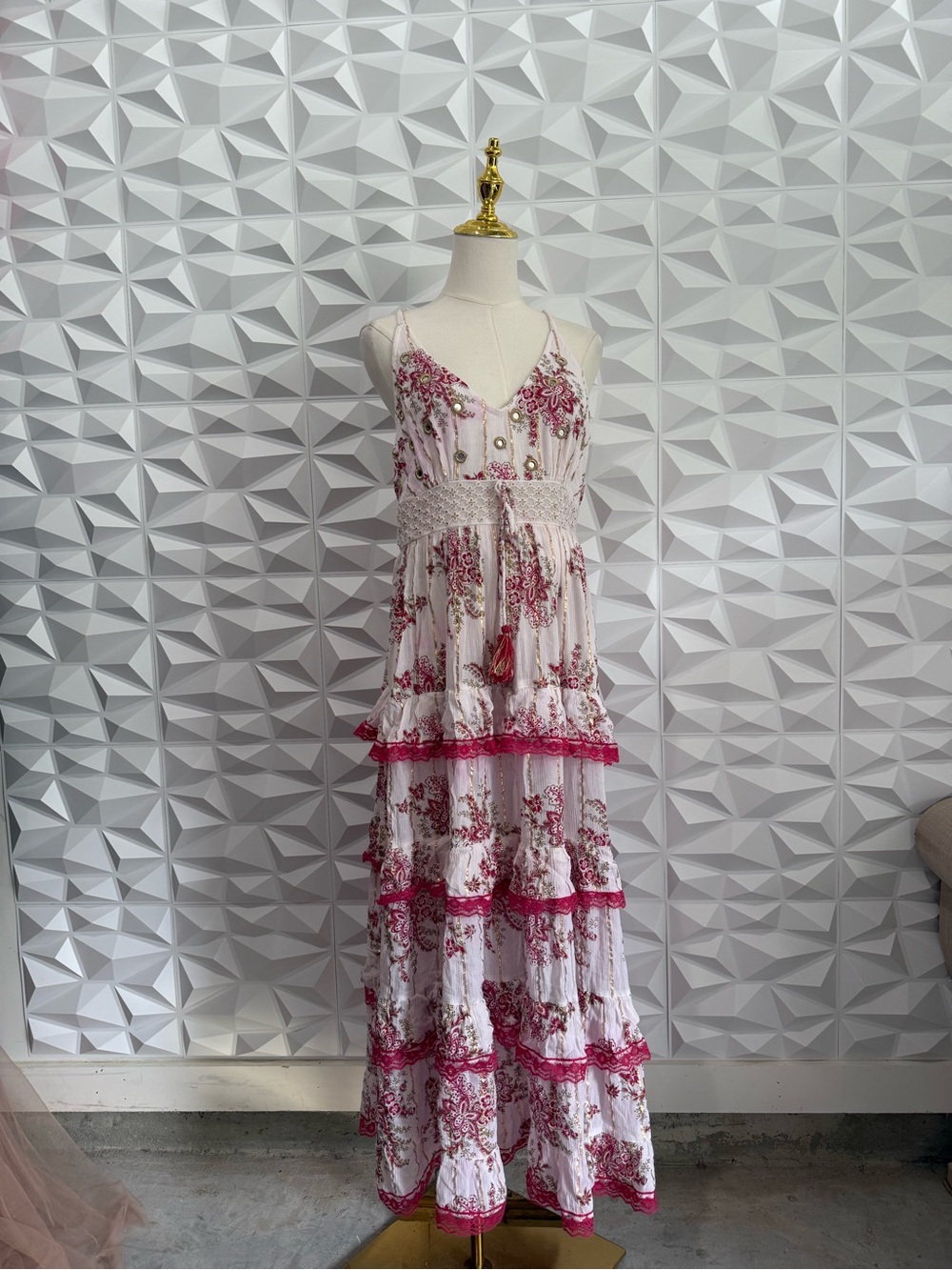 Ananta Boho Tiered Floral Maxi Dress in Pink and White SZ L/XL